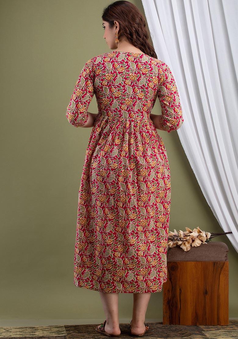 Red Printed Cotton Dress - Indya