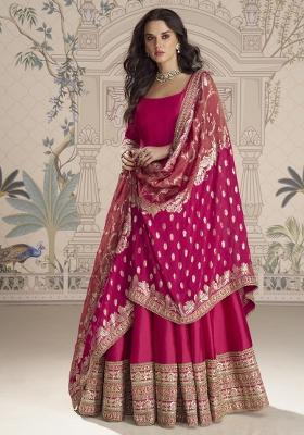 Rani Pink Embroidered Silk Gown With Dupatta
