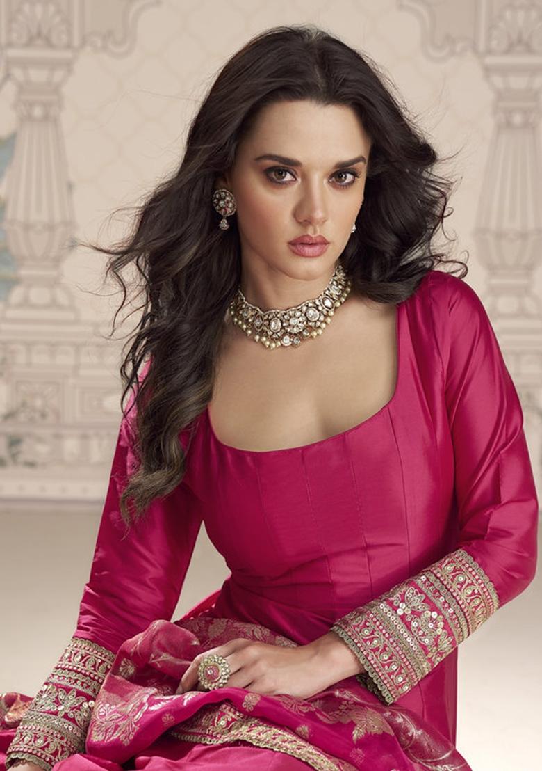 Rani Pink Embroidered Silk Gown With Dupatta - Indya