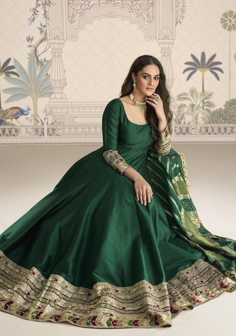 Green Embroidered Silk Gown With Dupatta - Indya
