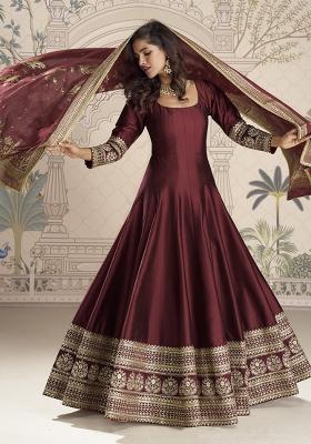 Wine Embroidered Silk Gown With Dupatta