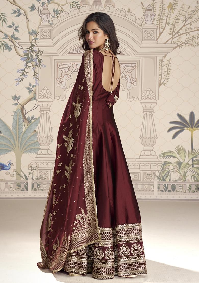 Wine Embroidered Silk Gown With Dupatta - Indya