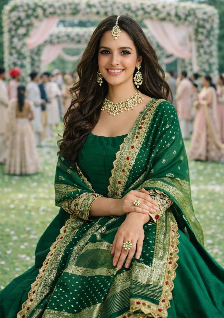 Greem Embroidered Silk Gown With Dupatta - Indya