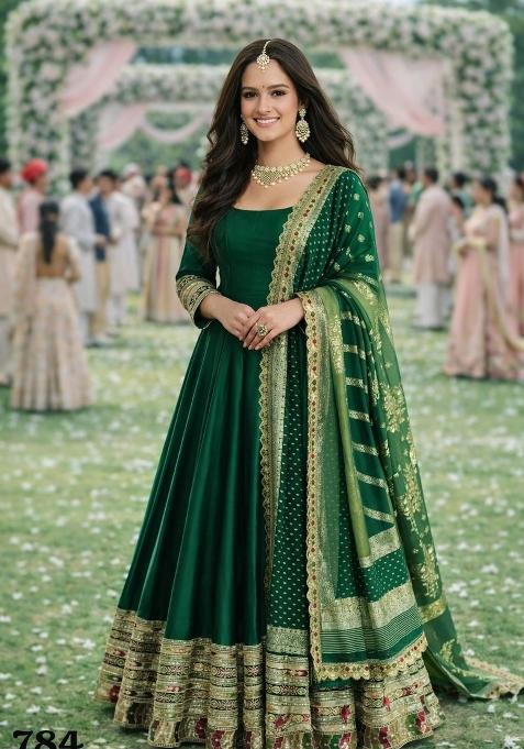 Greem Embroidered Silk Gown With Dupatta