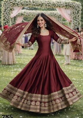 Wine Embroidered Silk Gown With Dupatta