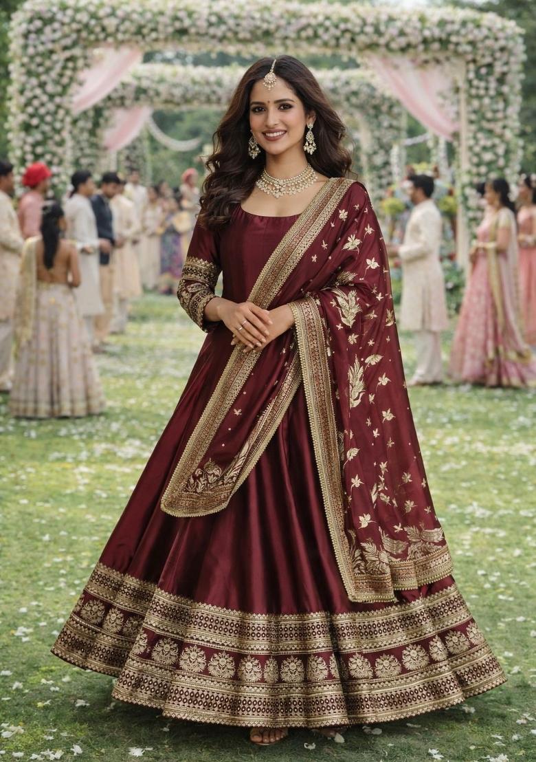 Wine Embroidered Silk Gown With Dupatta - Indya