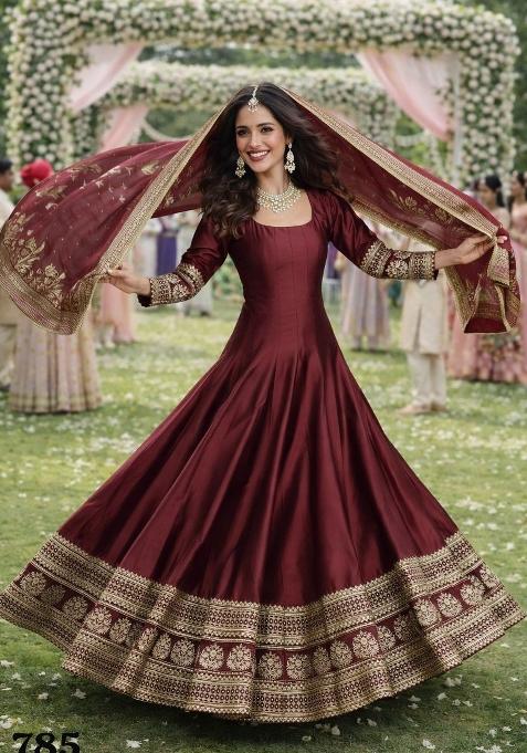 Wine Embroidered Silk Gown With Dupatta