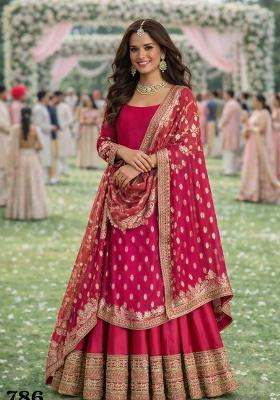 Rani Pink Embroidered Silk Gown With Dupatta