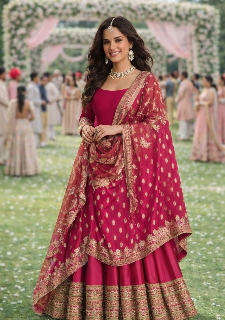 Rani Pink Embroidered Silk Gown With Dupatta - Indya