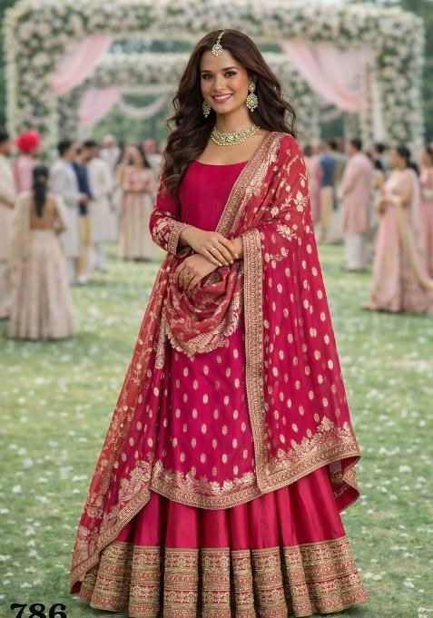 Rani Pink Embroidered Silk Gown With Dupatta