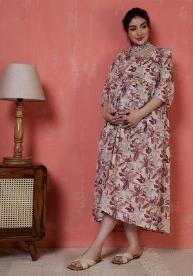 Off White Floral Print Cotton Kurta
