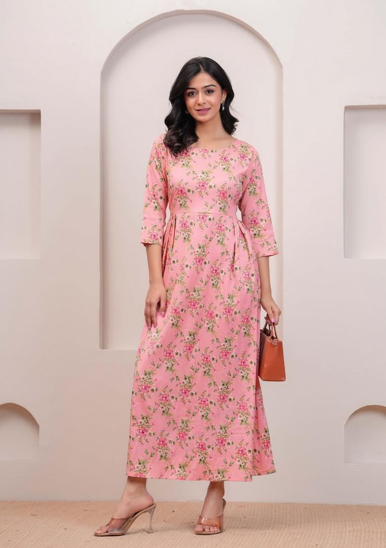 Peach Printed Cotton Dress - Indya
