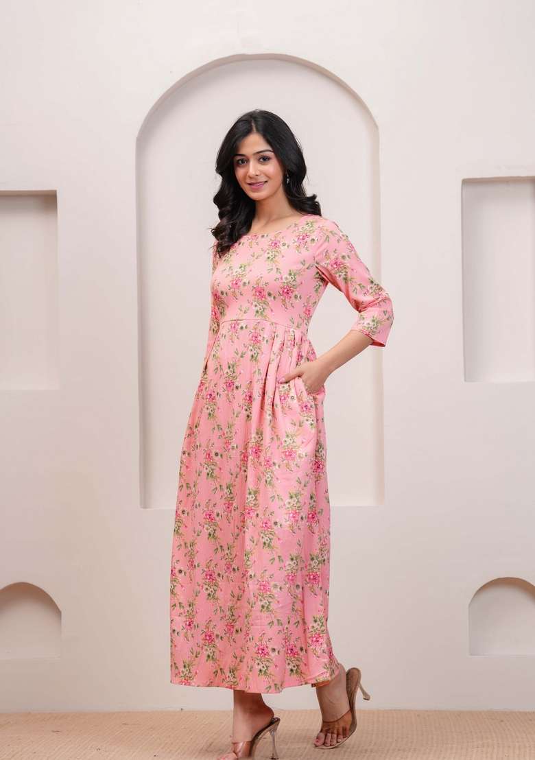 Peach Floral Print Cotton Kurta - Indya