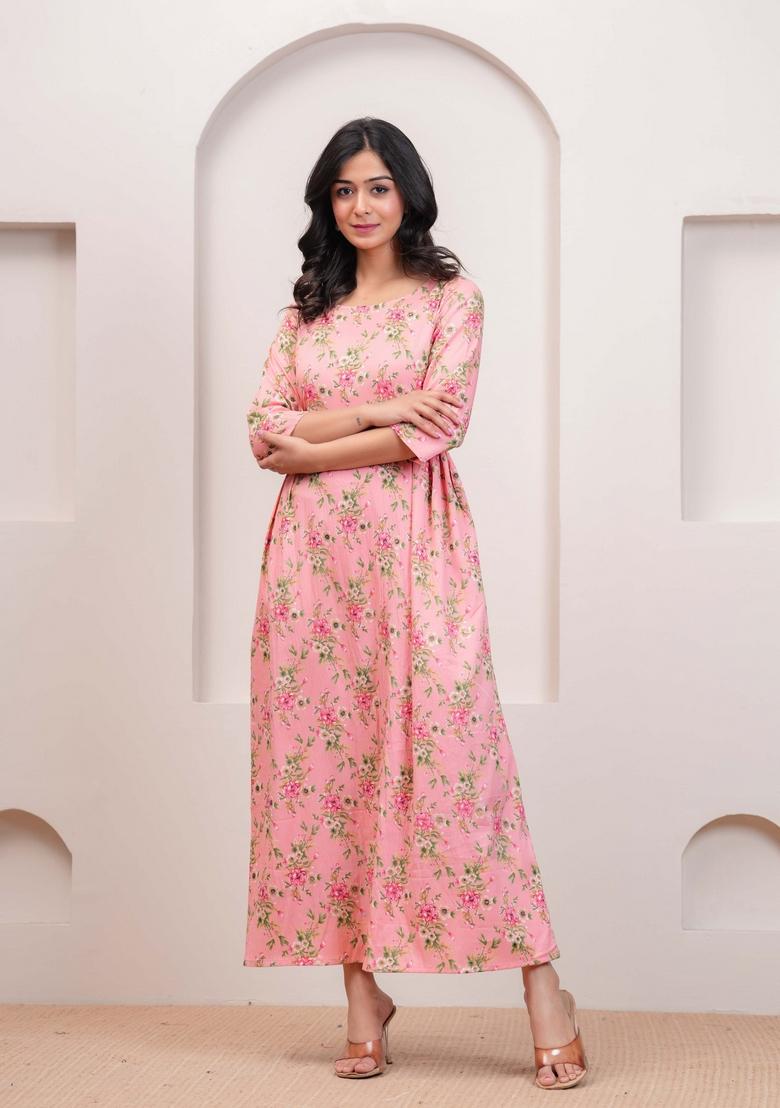 Peach Printed Cotton Dress - Indya