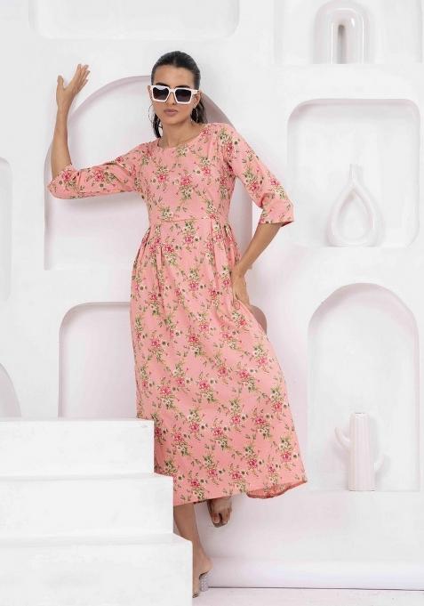 Peach Printed Cotton Dress