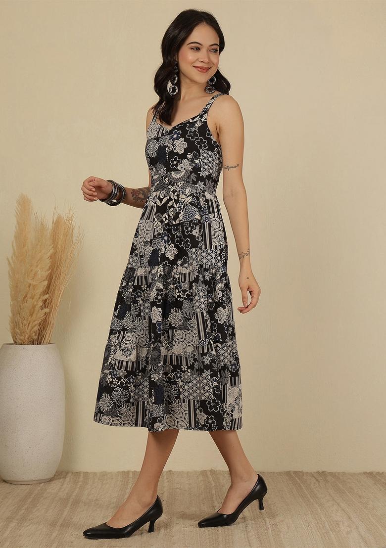 Black Printed Cotton Dress - Indya