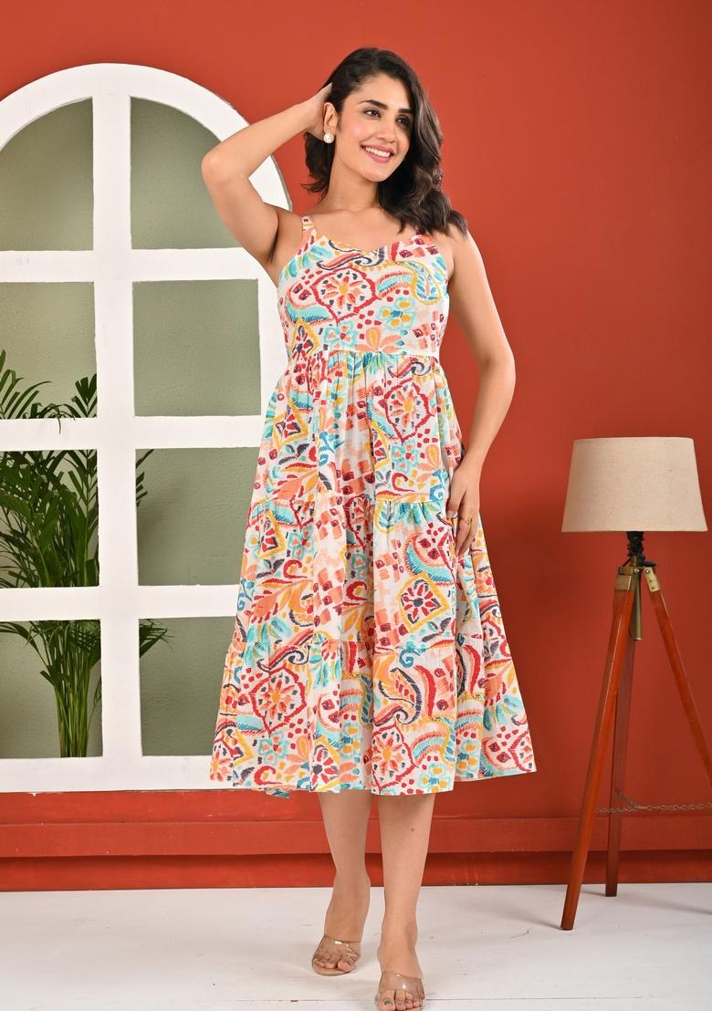 Multi Printed Cotton Dress - Indya