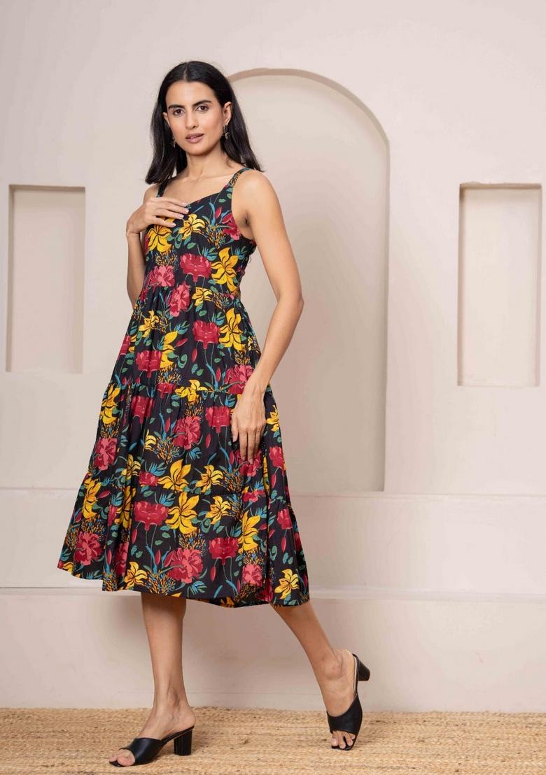 Black Printed Cotton Dress - Indya