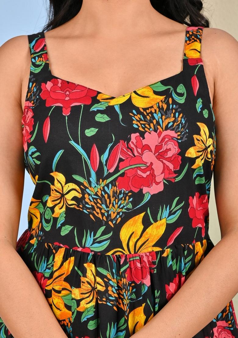 Black Printed Cotton Dress - Indya