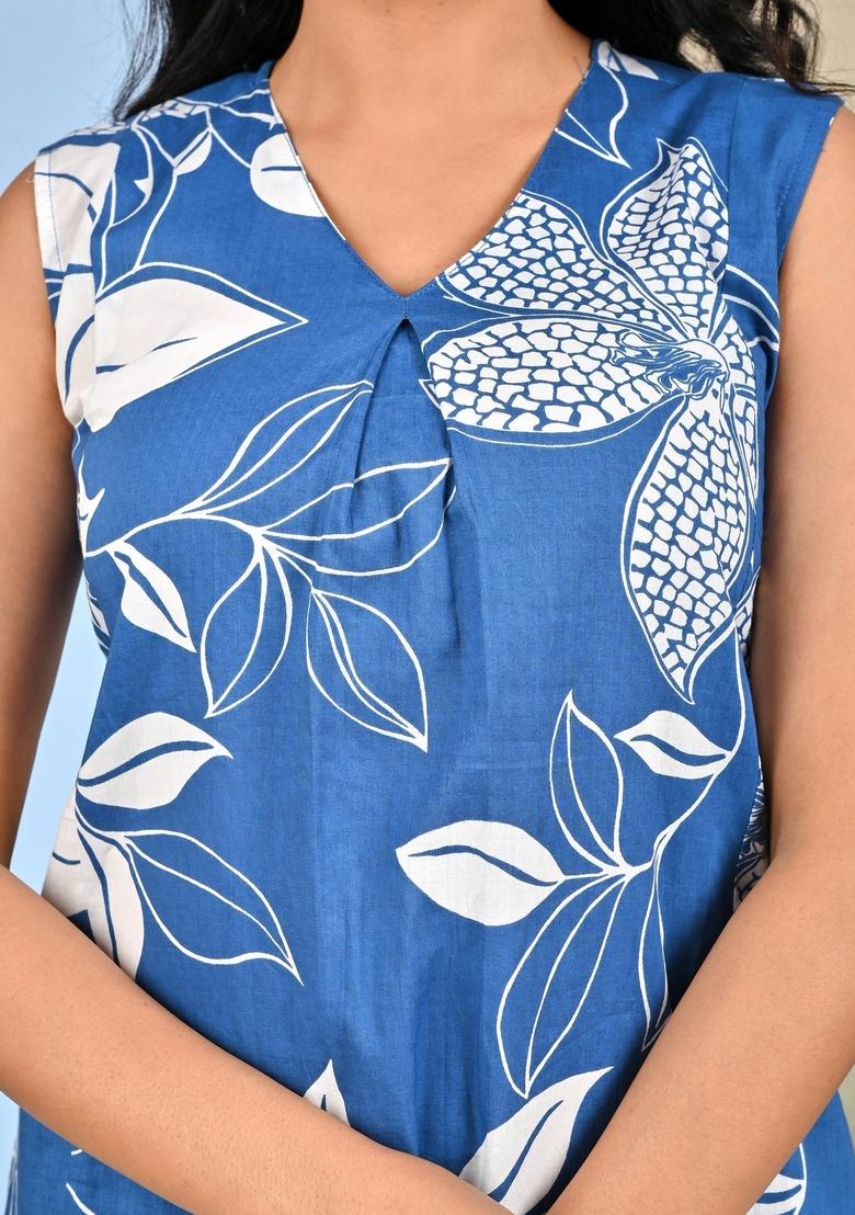 Blue Printed Cotton Dress - Indya