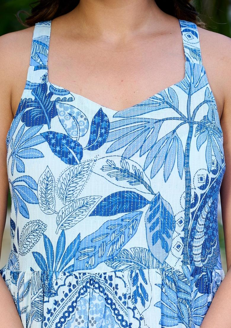 Blue Printed Cotton Dress - Indya