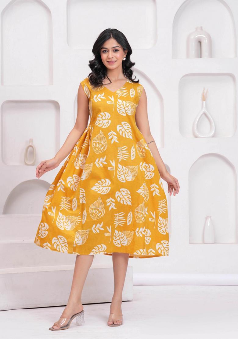 Yellow Printed Cotton Dress - Indya