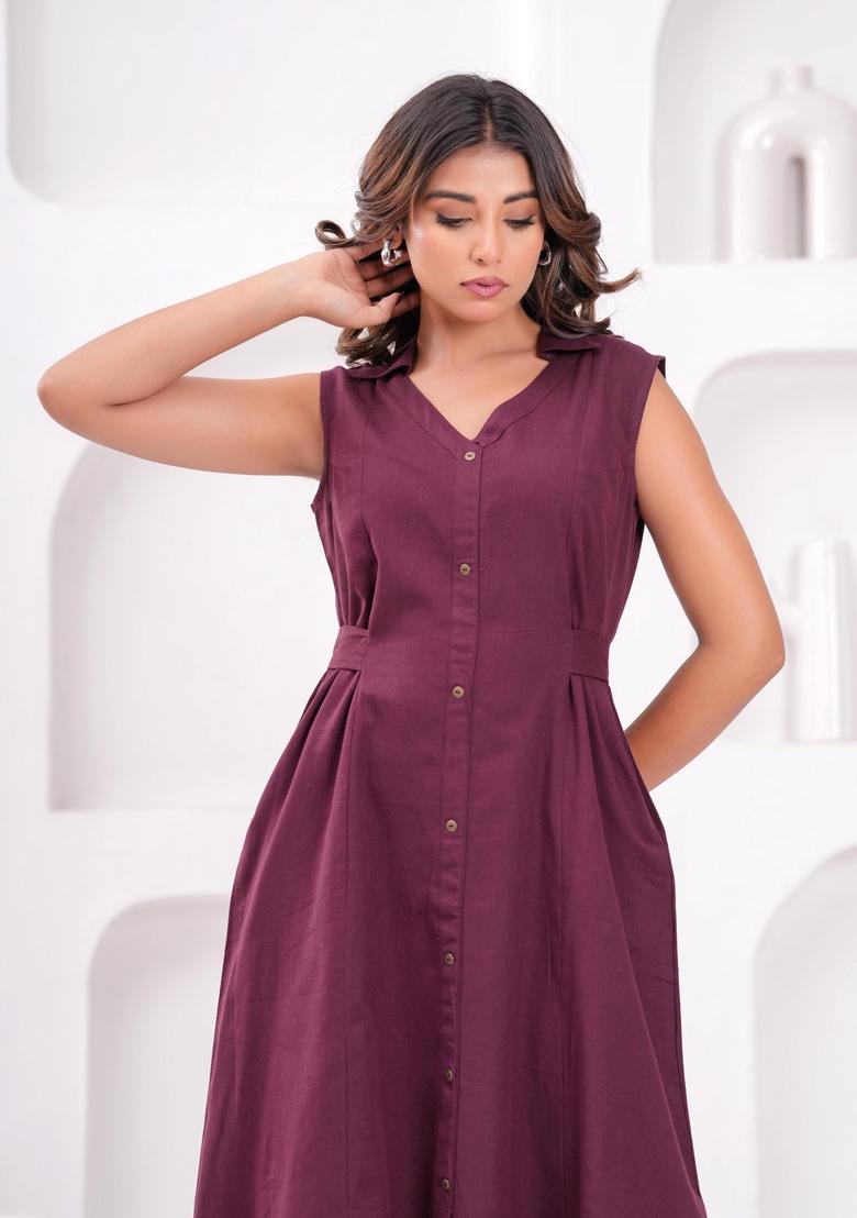 Burgundy Printed Cotton Dress - Indya