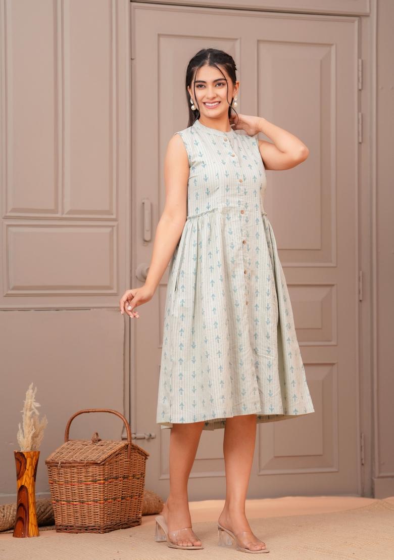 Green Printed Cotton Dress - Indya