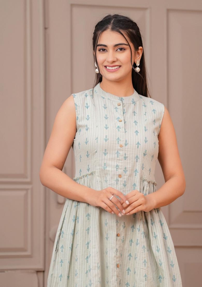 Green Printed Cotton Dress - Indya