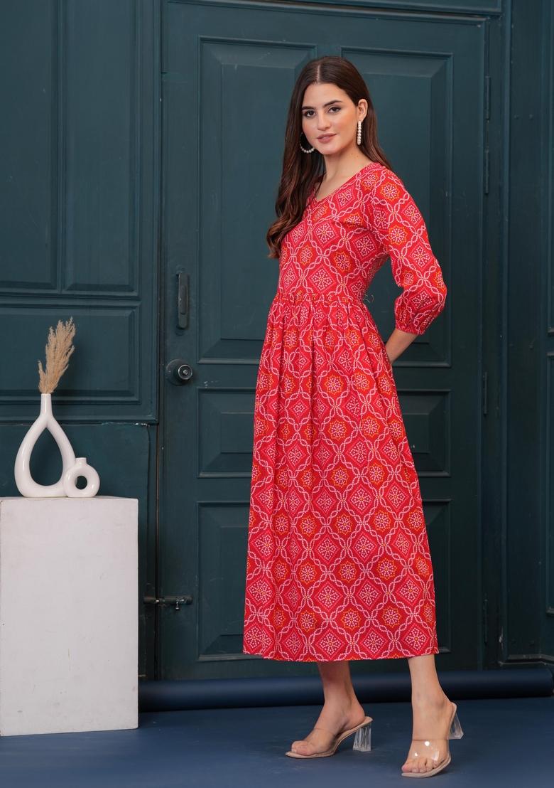 Red Printed Cotton Dress - Indya