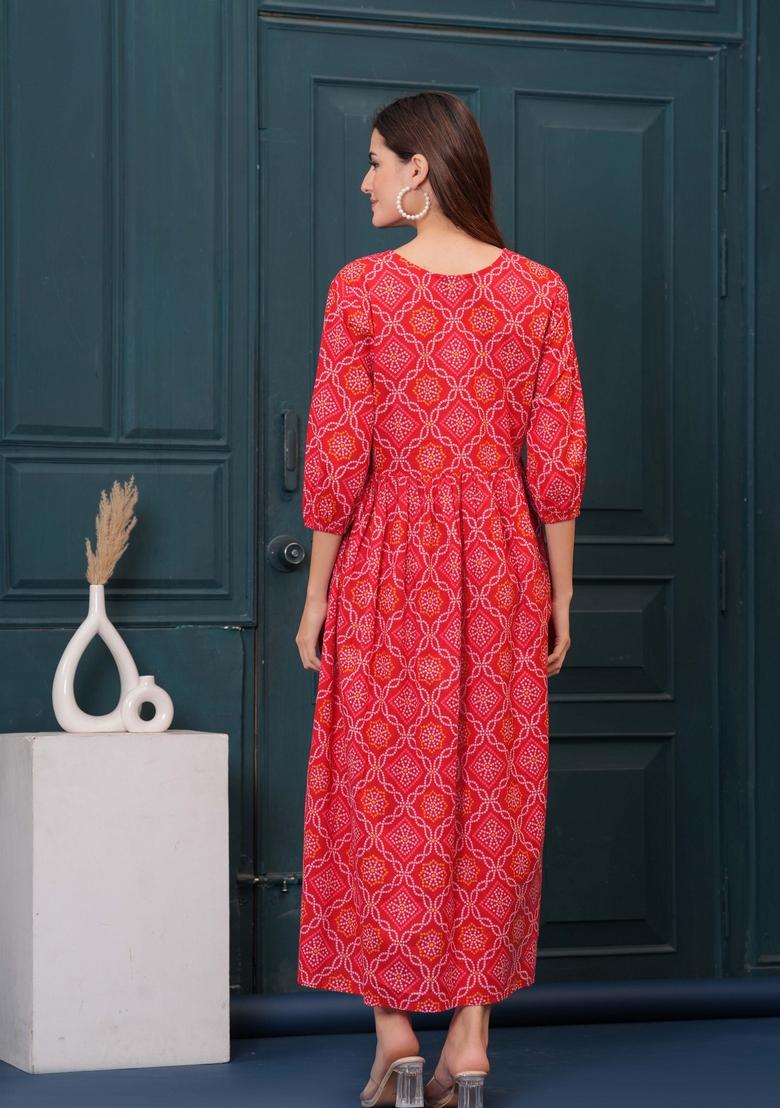 Red Printed Cotton Dress - Indya
