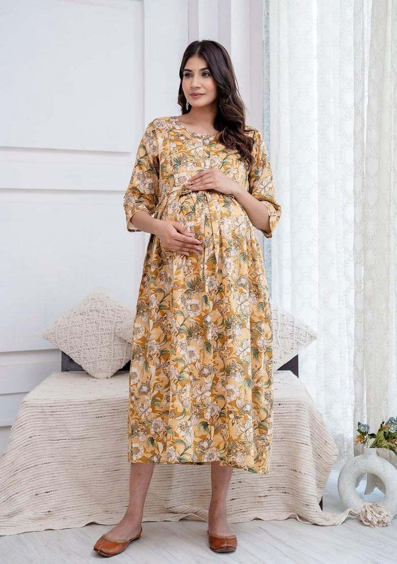 Cream Printed Cotton Dress - Indya