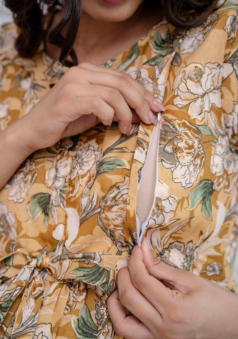 Cream Printed Cotton Dress - Indya