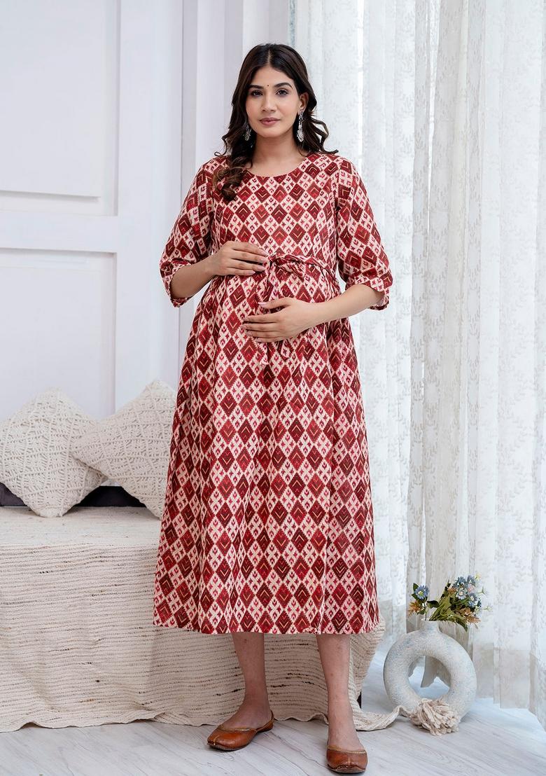 Maroon Printed Cotton Dress - Indya