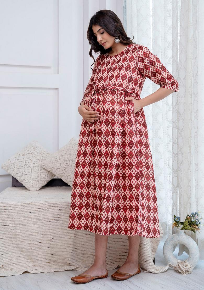 Maroon Printed Cotton Dress - Indya