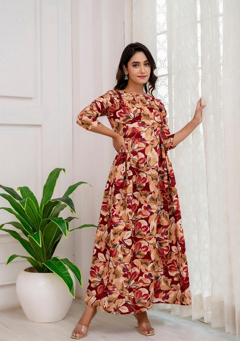 Maroon Printed Cotton Dress - Indya