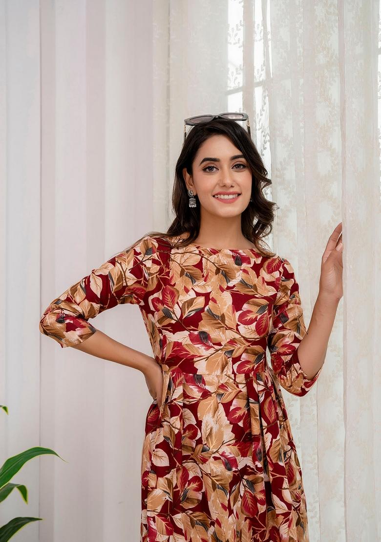 Maroon Printed Cotton Dress - Indya