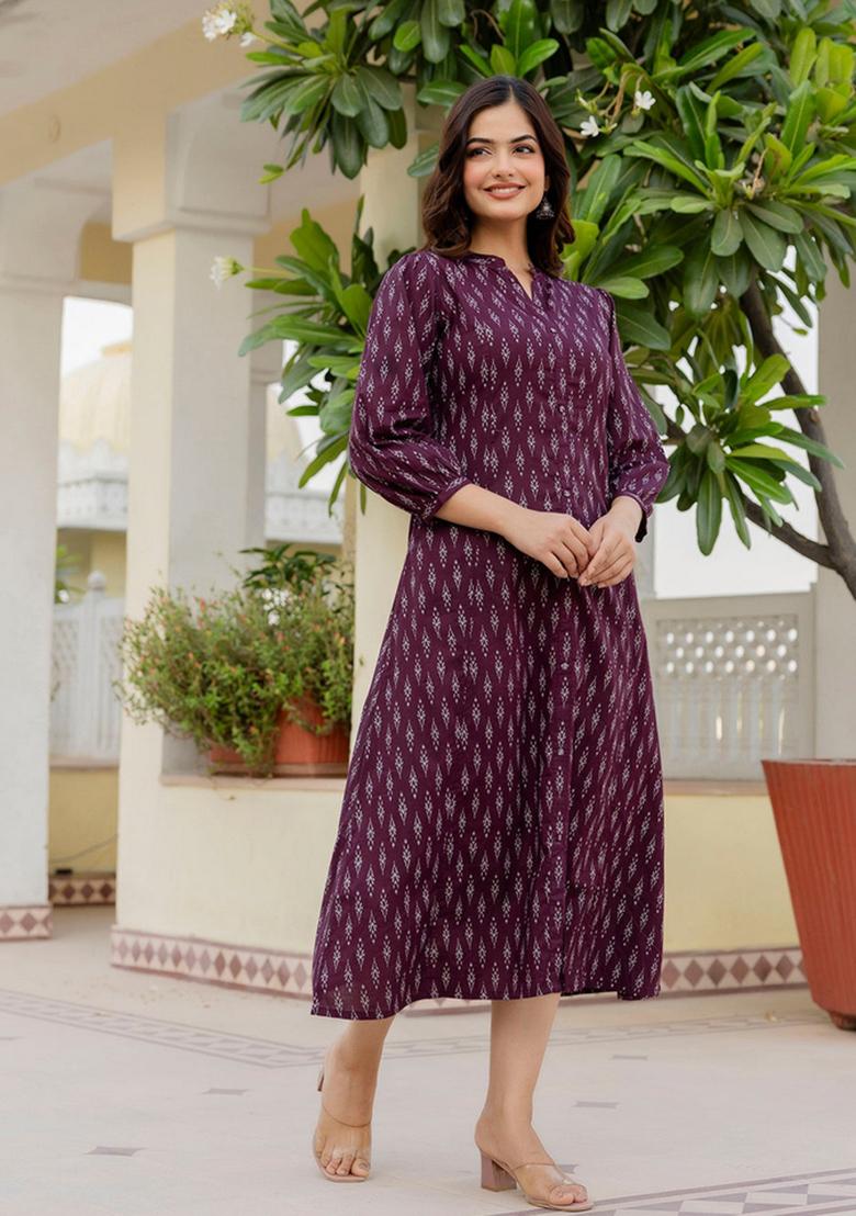 Purple Printed Cotton Dress - Indya