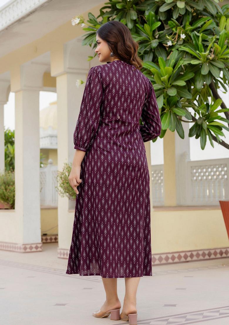 Purple Printed Cotton Dress - Indya