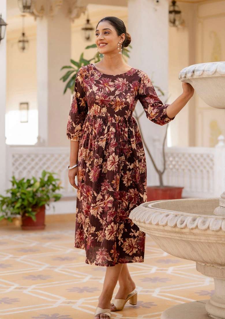 Burgundy Floral Print Cotton Kurta - Indya