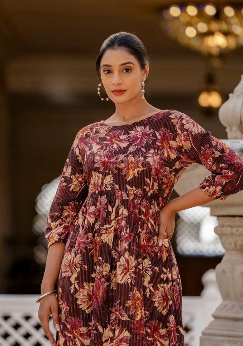 Burgundy Floral Print Cotton Kurta - Indya