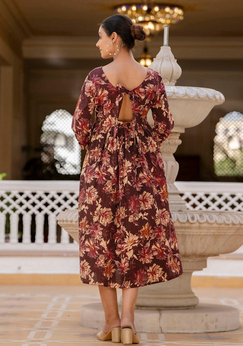 Burgundy Printed Cotton Dress - Indya