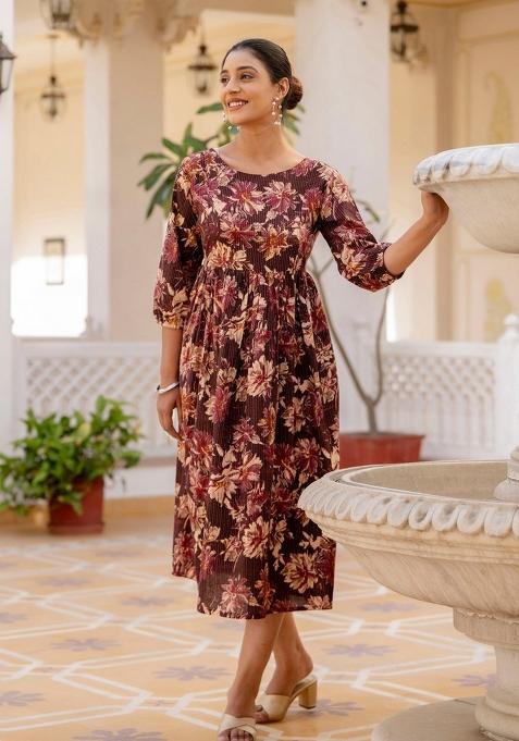 Burgundy Printed Cotton Dress