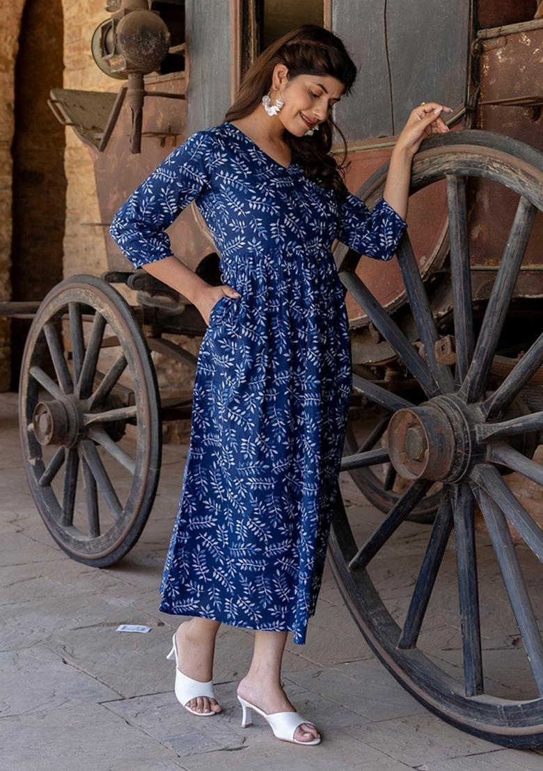Blue Printed Cotton Dress - Indya