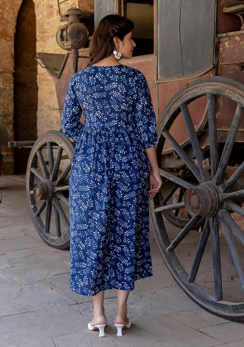 Blue Printed Cotton Dress - Indya