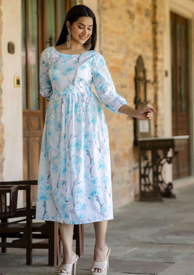 Off White Floral Print Cotton Kurta - Indya