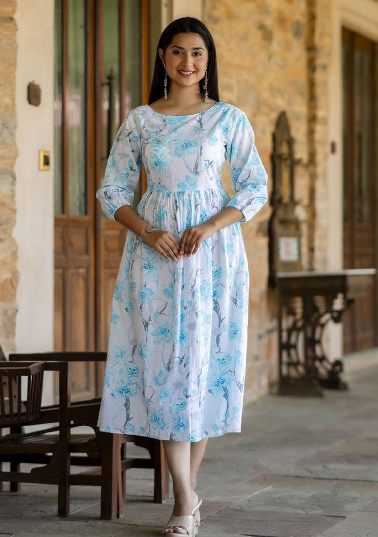 Off White Printed Cotton Dress - Indya