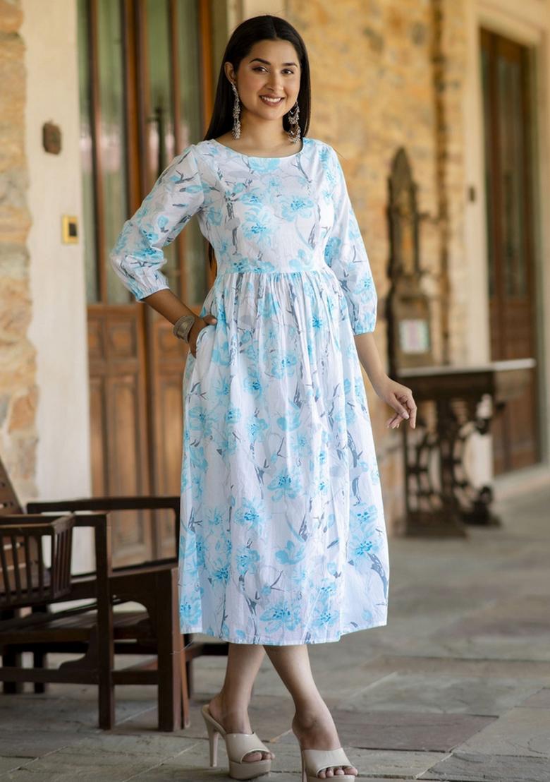 Off White Printed Cotton Dress - Indya