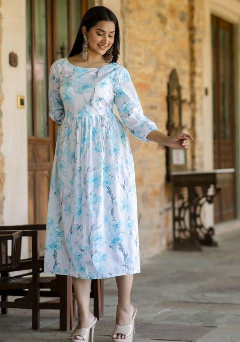 Off White Printed Cotton Dress