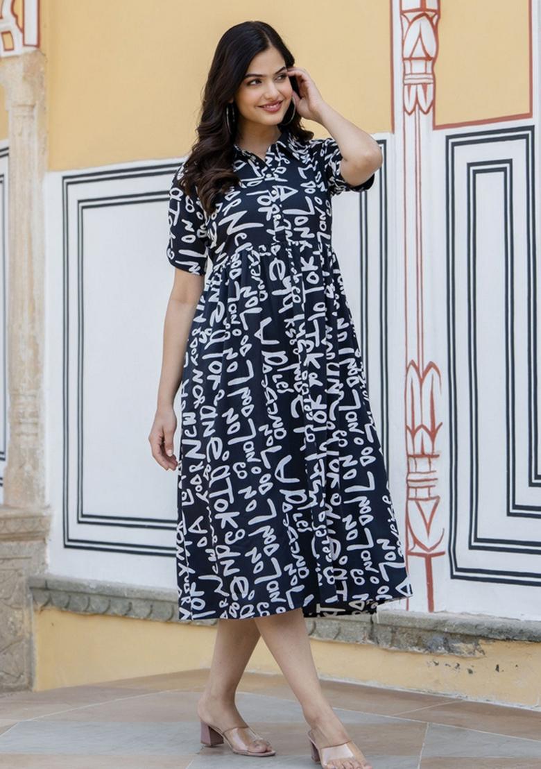 Black Printed Cotton Dress - Indya